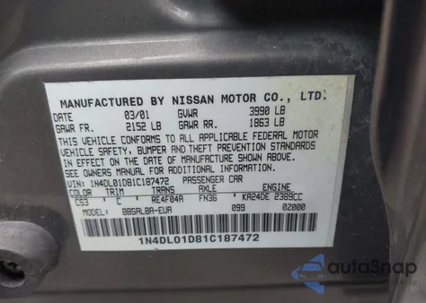 2001 Nissan Altima Xe from USA, damaged, VIN 1N4DL01D81C187472